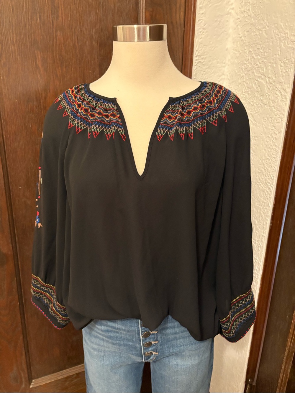 THE GREAT. Black Boho Embroidered Split-Neck Blouse